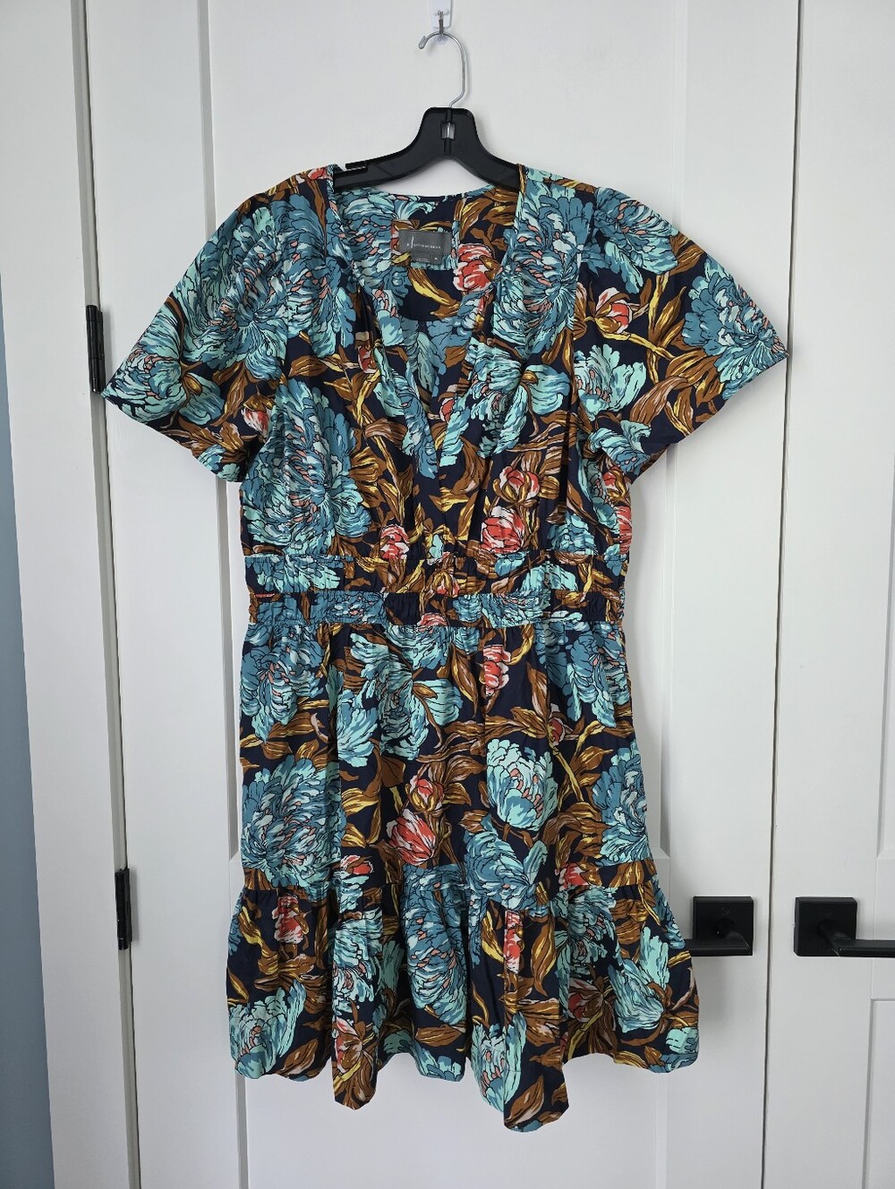 Anthropologie Somerset Floral Tiered Dress in Teal and Brown Womans Size XL